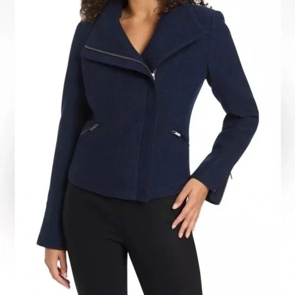 Marcs Jacket Womens sz 8 Blue Full Zip Australian Merino Wool Mock Neck Outdoor